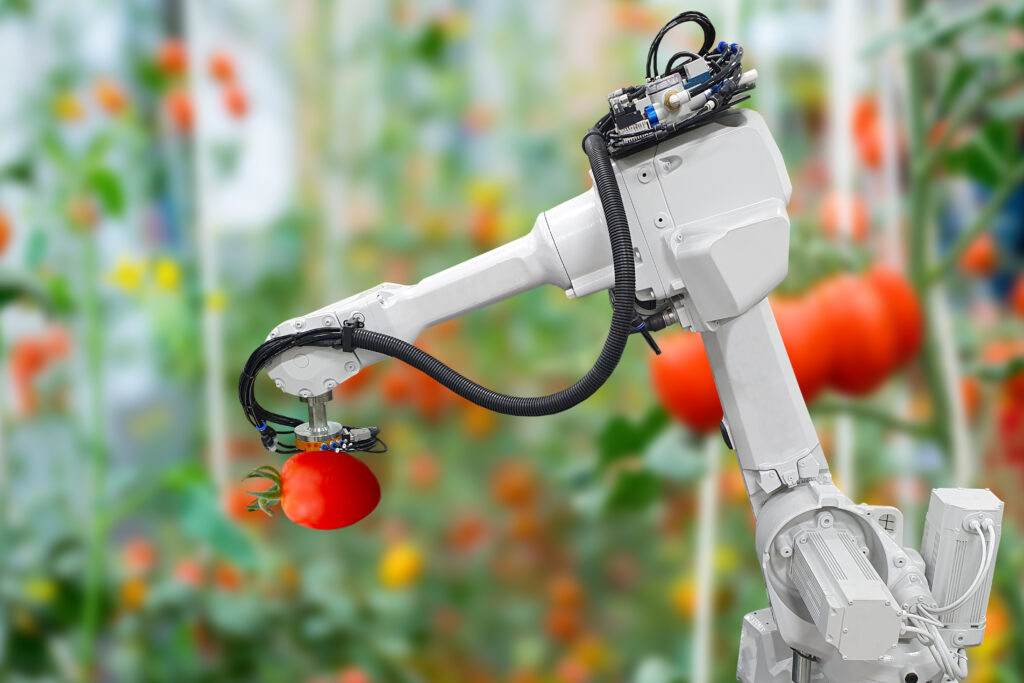 Smart robotic farmers harvest in agriculture futuristic robot au